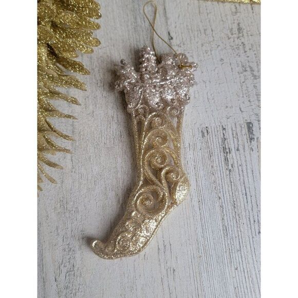 Glitter golden pinecone stocking sleigh ornament Xmas set - Picture 3 of 9